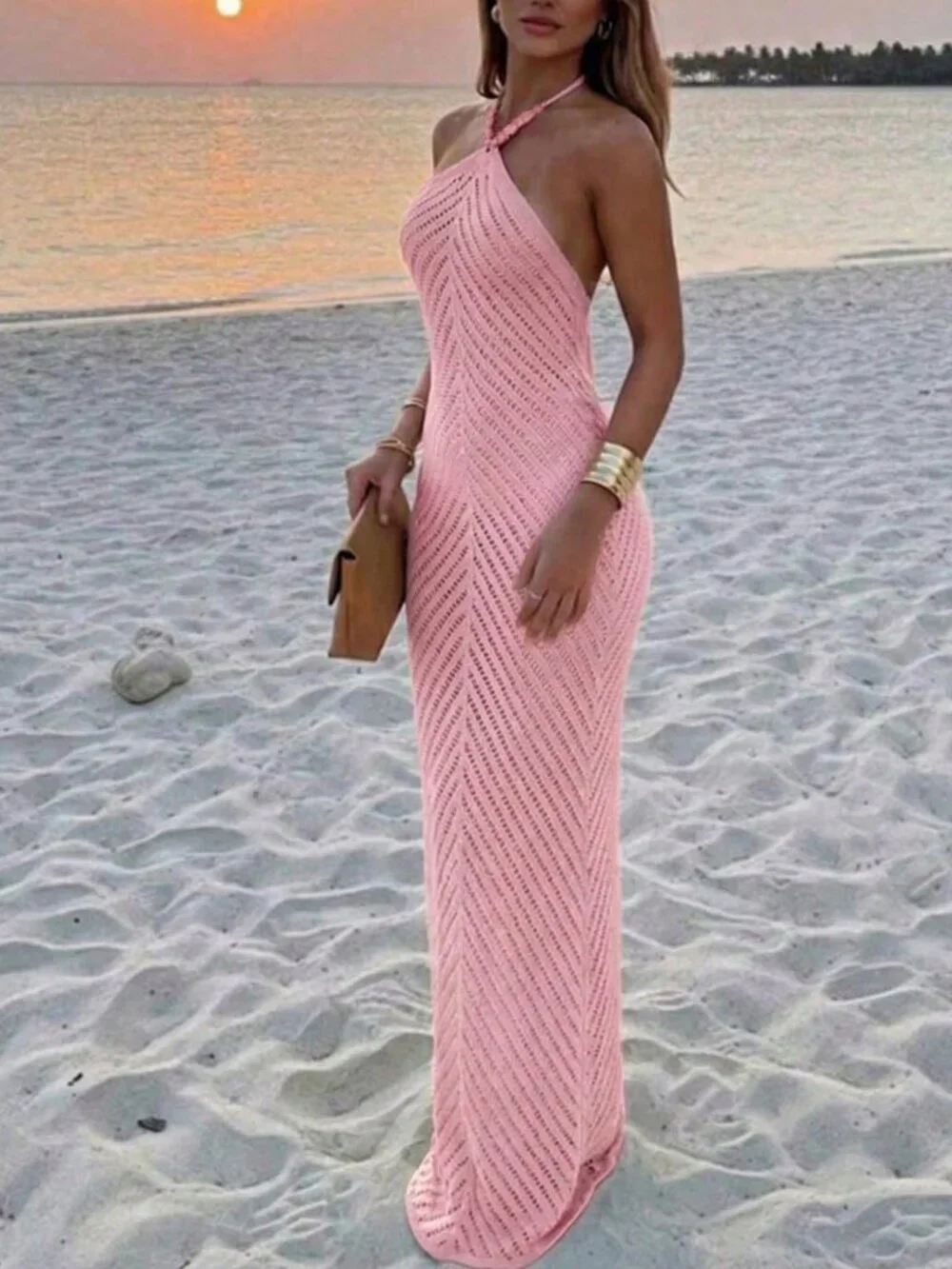 Pink Y2k Women's Hollow Knit Halter Beaded Detail Slit Maxi Dress - Picture 3 of 7